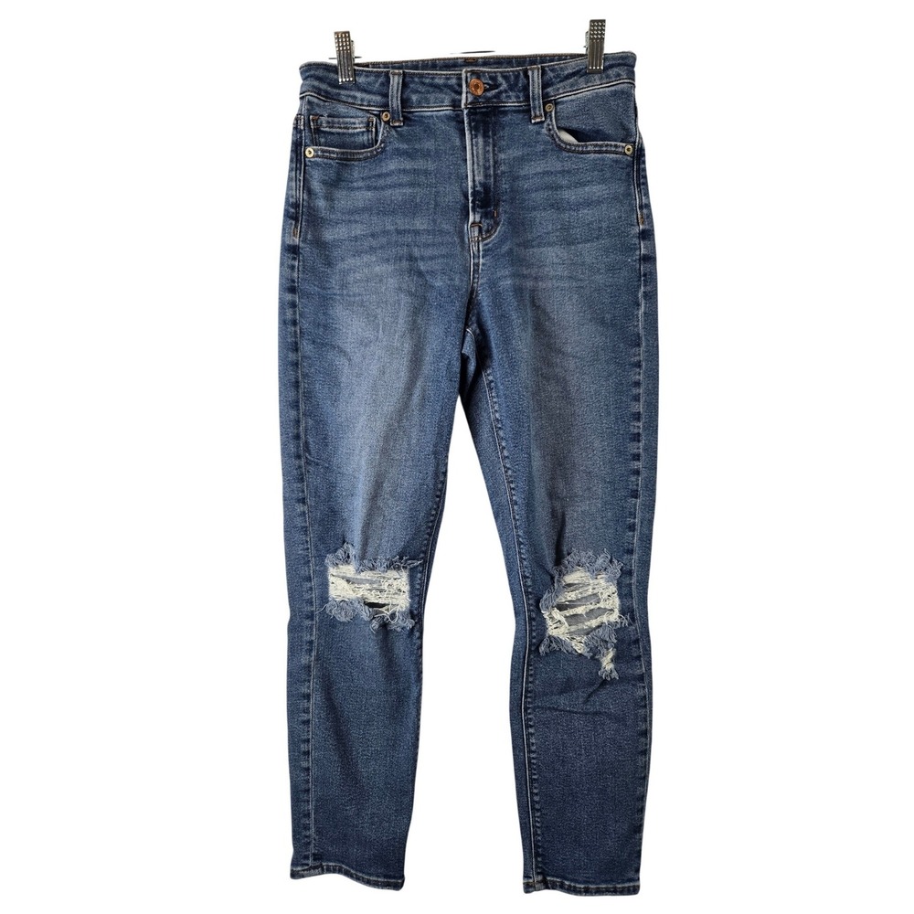 American‎ Eagle Womens Mom Jean Size 4 Distressed High Rise Stretch Blue Denim